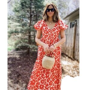 ZARA Floral Printed Puff Sleeve V Neck Tiered Cotton Poplin Prairie Maxi Dress
